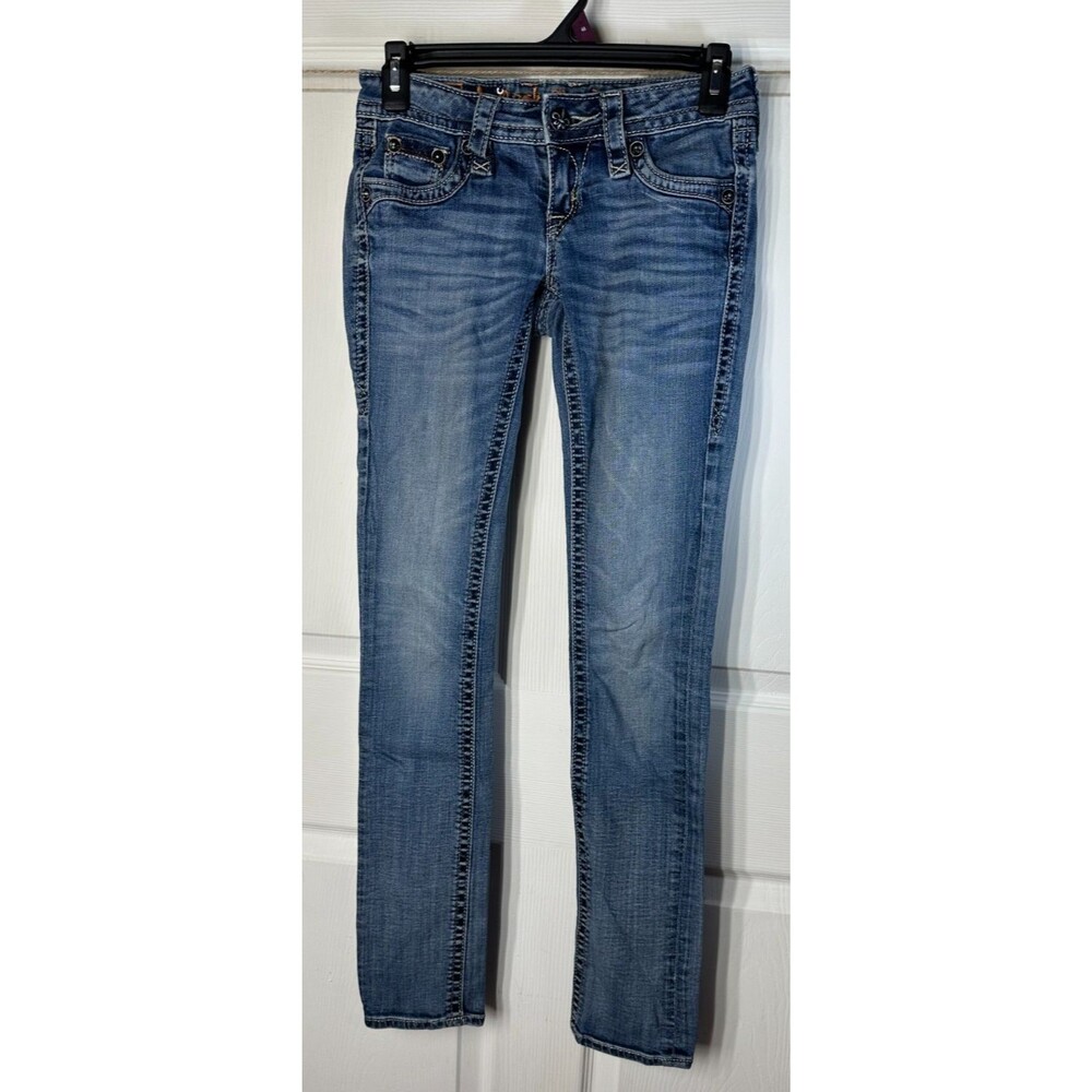 Rock Revival Jeans Wm's Sz 24/32 Low-Rise Essie Straight Medium Wash Whiskered
